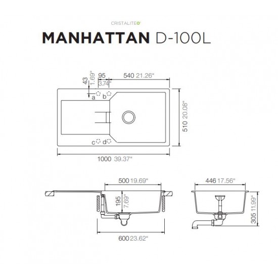 Schock MANHATTAN D-100L Tezgah üstü Her İki Yöne Kullanılabilir Alpina / Beyaz Granit Evye