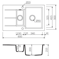 Marmorin Bario 800 Granit Evye 1,5 G&ouml;zl&uuml; Damlalıklı Tezgah &Uuml;st&uuml; Siyah