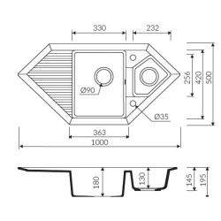 Marmorin Cire 1000 Granit K&ouml;şe Evye 1,5 G&ouml;zl&uuml; Damlalıklı
