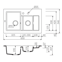 Marmorin Combo 850 Granit Evye 1,5 G&ouml;zl&uuml; Damlalıklı Tezgah &Uuml;st&uuml; Siyah
