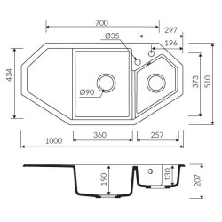 Marmorin Debra 1000 Granit K&ouml;şe Evye 1,5 G&ouml;zl&uuml; Damlalıklı Kahverengi