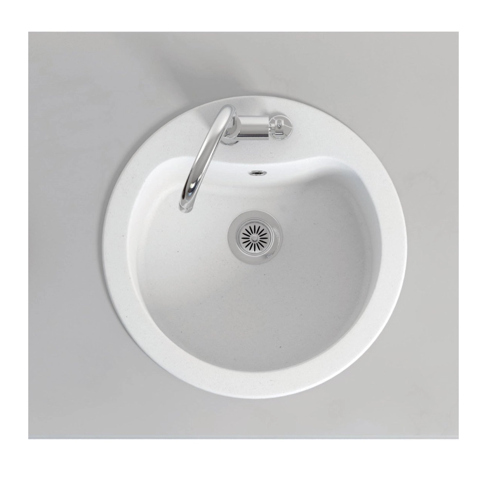 Marmorin Kova 500 Granit Evye 1 G&ouml;zl&uuml; Damlalıksız Tezgah &Uuml;st&uuml; Yuvarlak Evye Beyaz