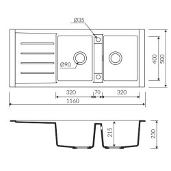 Marmorin Profir 1160 Granit Evye 2 G&ouml;zl&uuml; Damlalıklı Tezgah &Uuml;st&uuml; Siyah